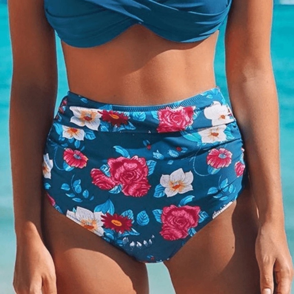 Cupshe Women's Large Sapphire Blue Floral Shirred Brief Bikini Bottom Pool Beach
